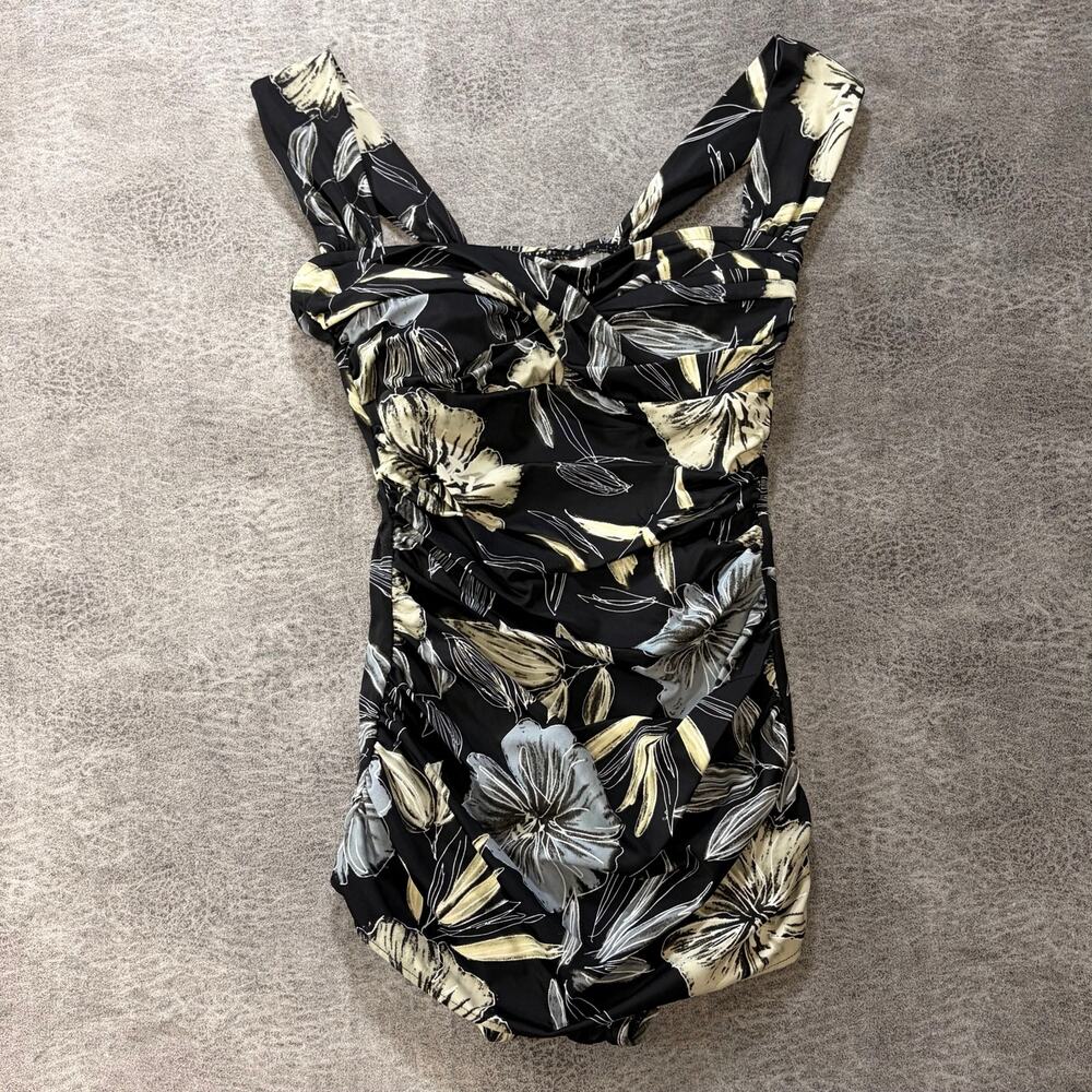 Black Floral One Piece Ruched Swimsuit